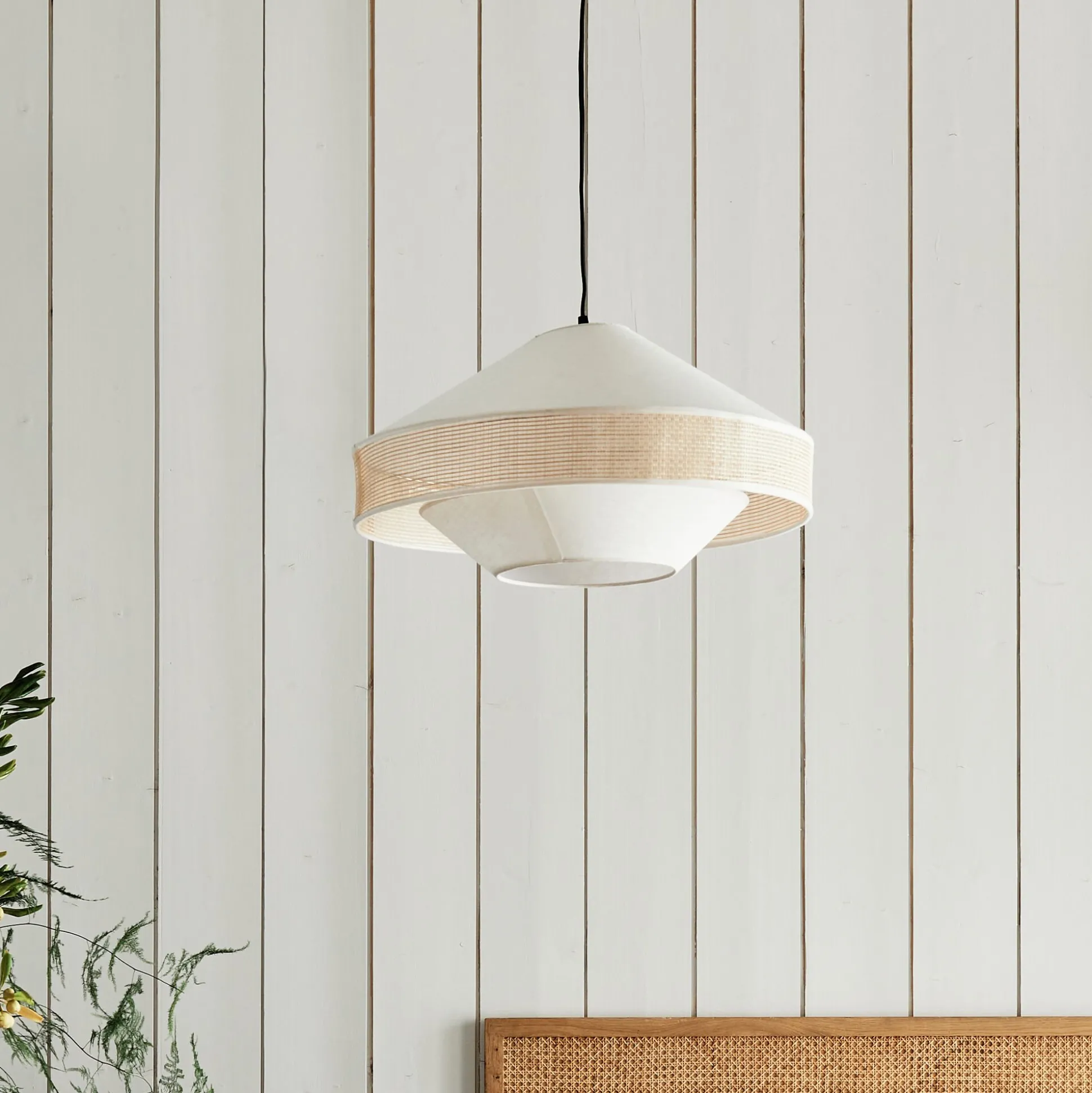 Abat-jour en lin et cannage D50cm - blanc