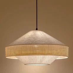 Abat-jour en lin et cannage D50cm - blanc