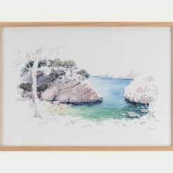 Aquarelle encadrée crique 38x53cm - bleu