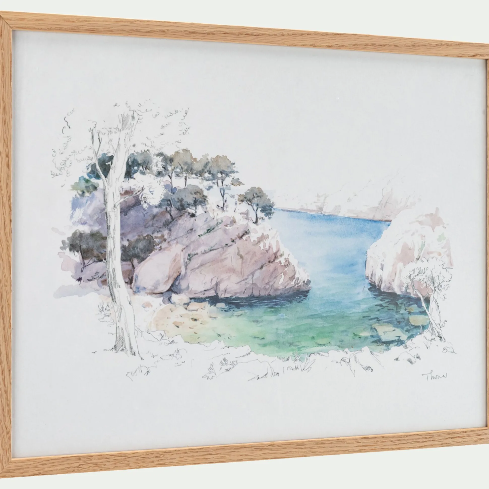 Aquarelle encadrée crique 38x53cm - bleu