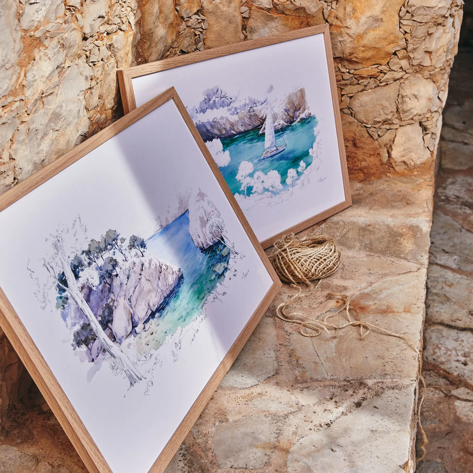 Aquarelle encadrée crique 38x53cm - bleu