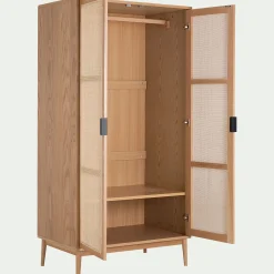 Armoire 2 portes battantes en bois et cannage H180cm - bois clair