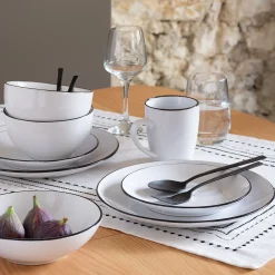 Assiette à dessert en grès avec liserai noir D19,2cm - blanc