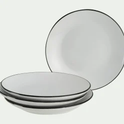 Assiette à dessert en grès avec liserai noir D19,2cm - blanc