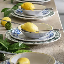 Assiette à dessert en grès D22,5cm à motif floral - bleu