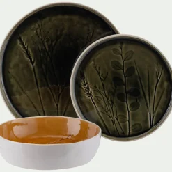 Assiette à dessert impressions végétales en grès D20cm - vert avocado