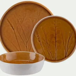 Assiette plate impressions végétales en grès D26cm - jaune argan