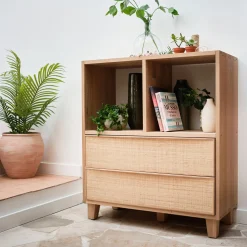 Bloc de 2 grands tiroirs en chêne et raphia L82cm - bois clair