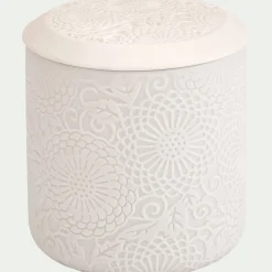 Boîte déco gravure florale en grès - blanc D10xH11cm