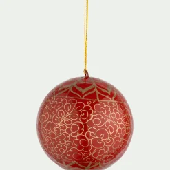 Boule de Noël à motif en papier mâché peinte à la main D7cm - rouge