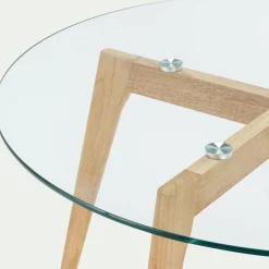 Bout de canapé en verre et bois d'hévéa - transparent D80xH45cm