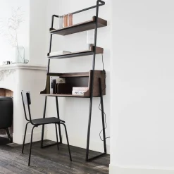 Bureau plaqué noyer et métal noir avec 2 tablettes L80cm - bois foncé