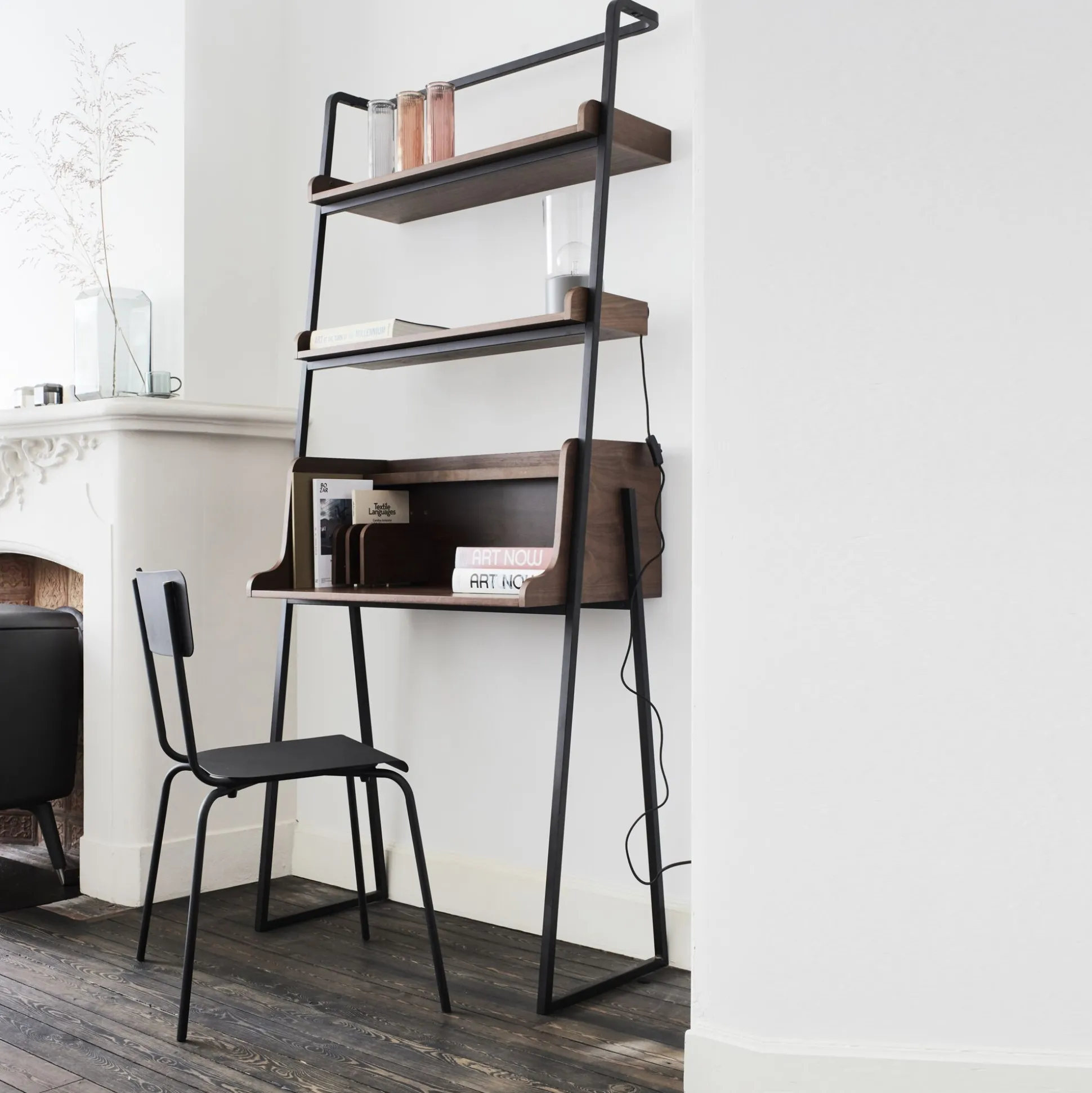 Bureau plaqué noyer et métal noir avec 2 tablettes L80cm - bois foncé