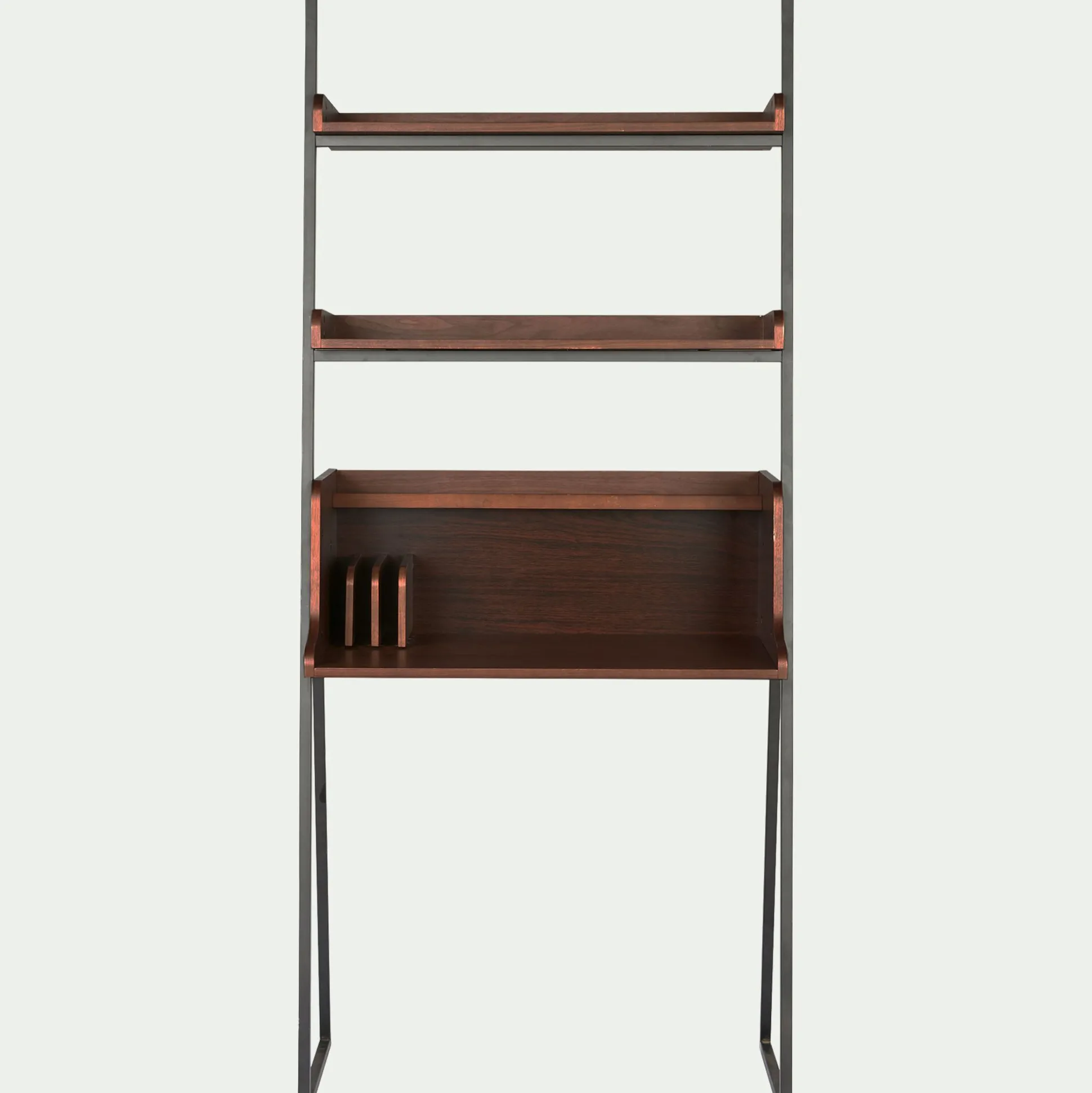 Bureau plaqué noyer et métal noir avec 2 tablettes L80cm - bois foncé