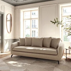 Canapé 3 places convertible en tissu doux tramé - beige