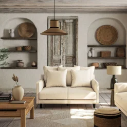 Canapé 2 places droit convertible matelas Bultex en tissu joint - beige roucas