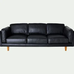 Canapé 3 places fixe en cuir de vachette - noir