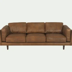 Canapé 3 places fixe en cuir de vachette - marron
