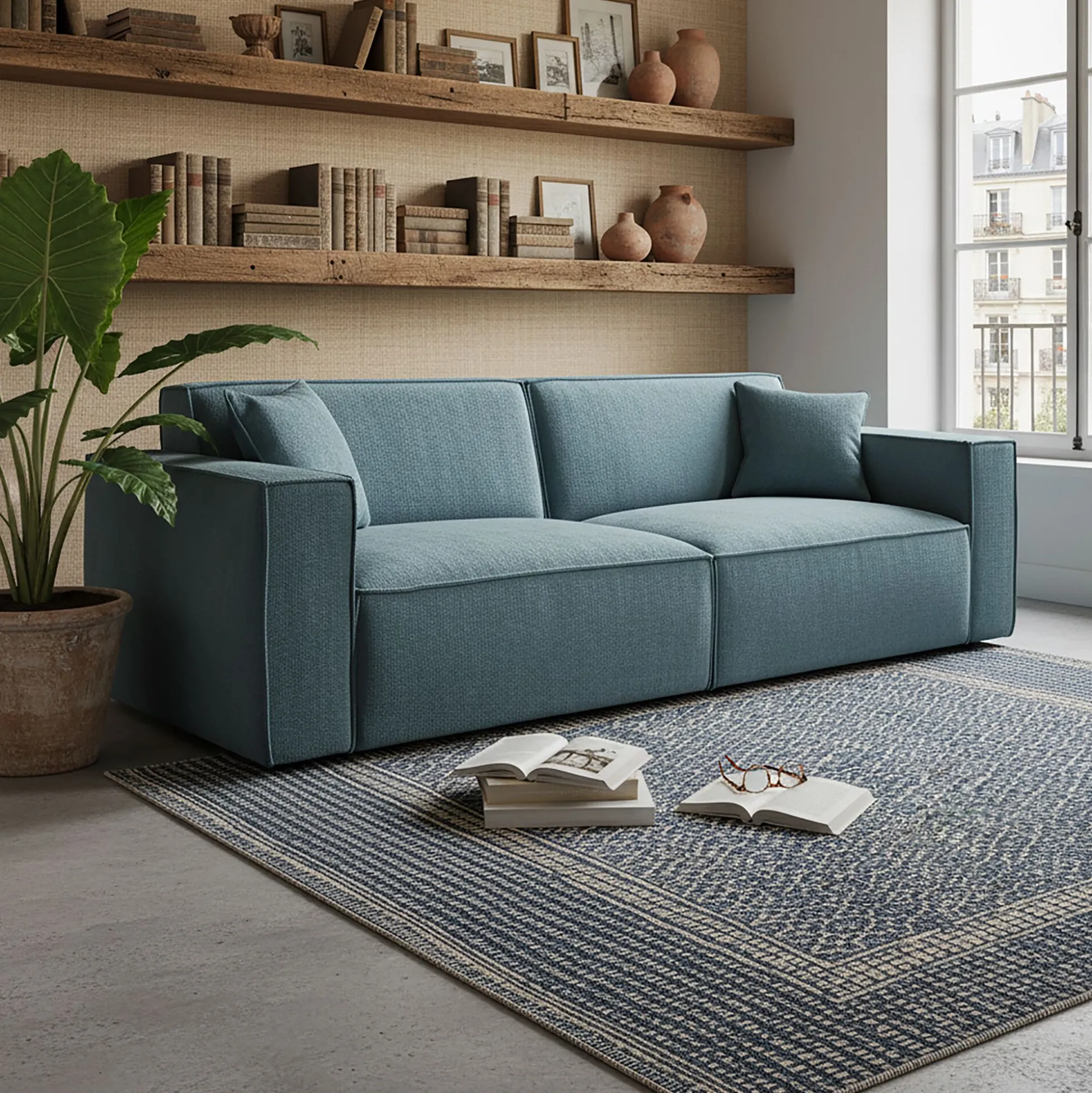 Canapé 4 places fixe en tissu genesis - bleu