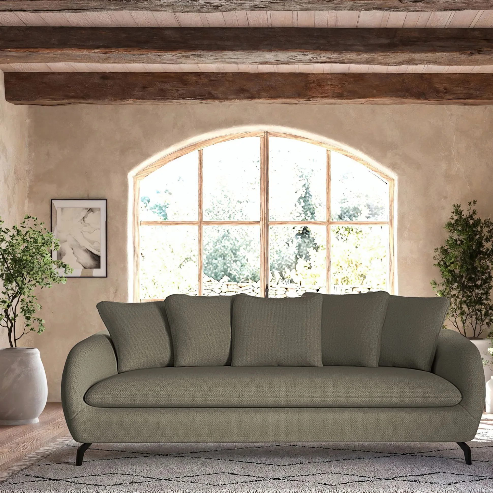 Canapé 4 places fixe en tissu doux - vert garrigue