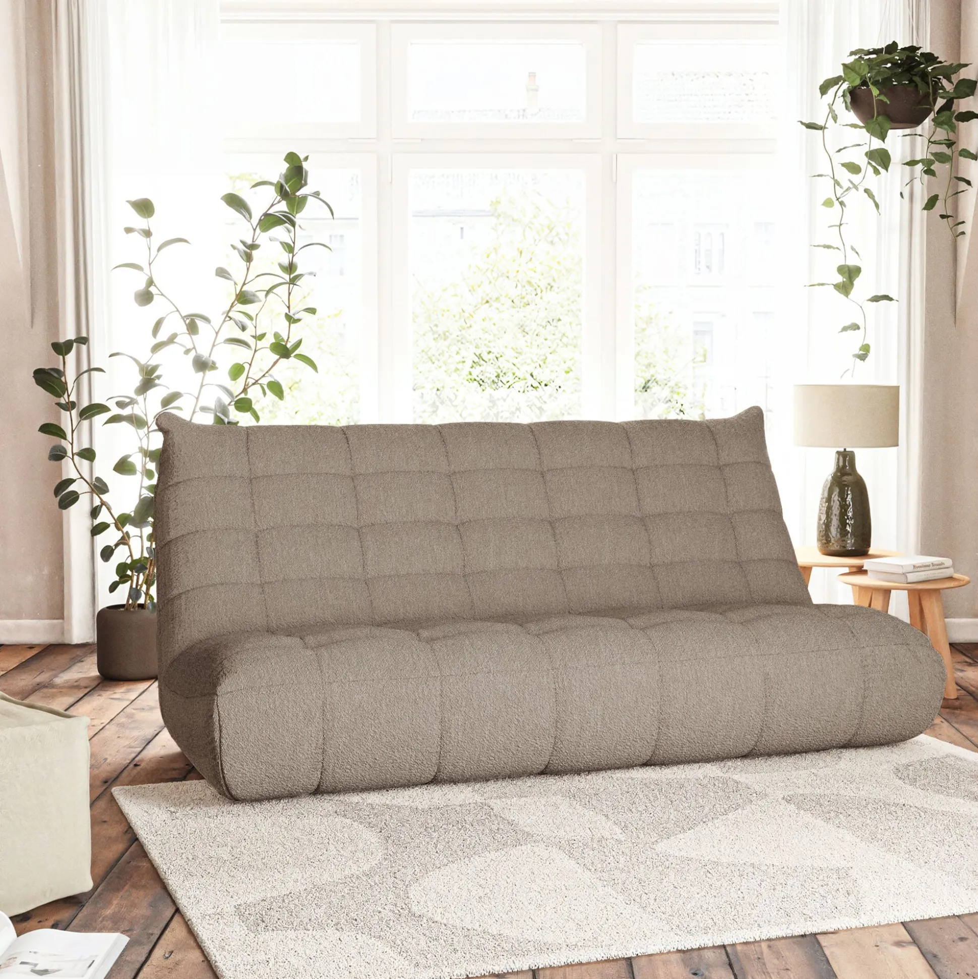 Canapé 4 places fixe en tissu bouclette - gris clair