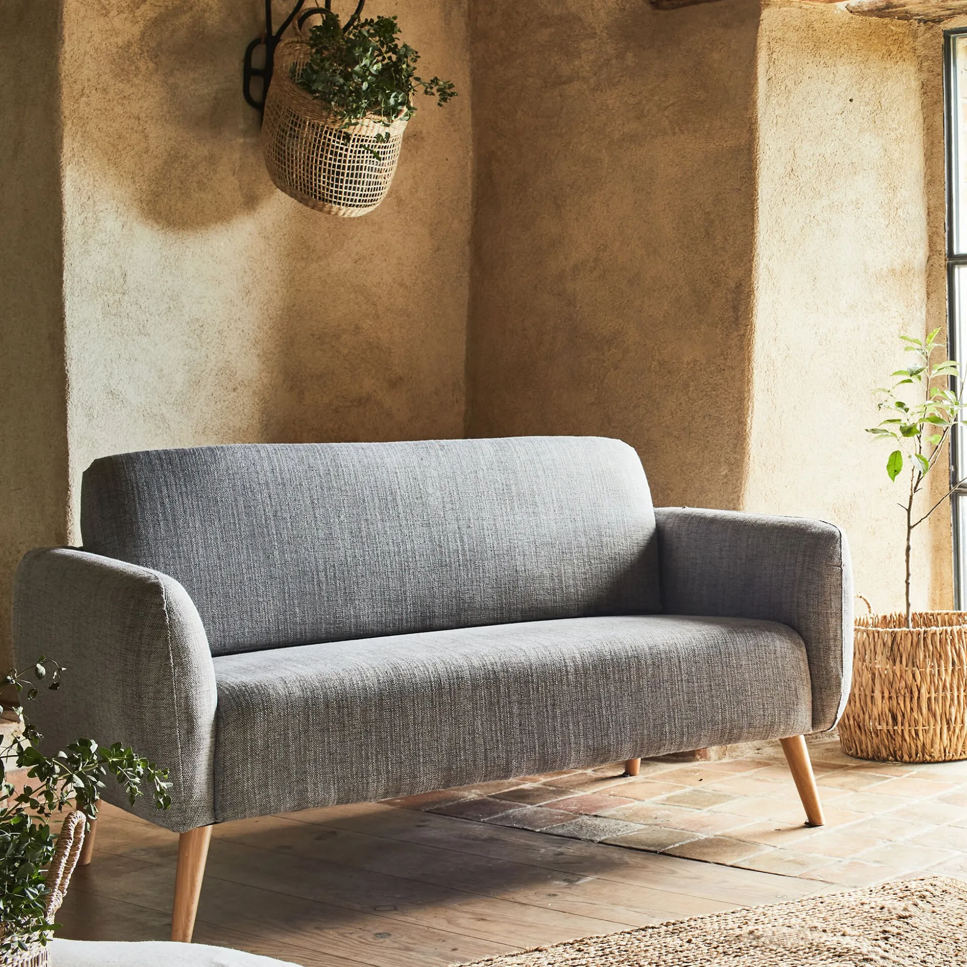 Canapé 2 places fixe en tissu - gris