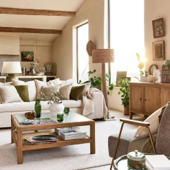 Canapé 4 places fixe en tissu doux tramé - beige