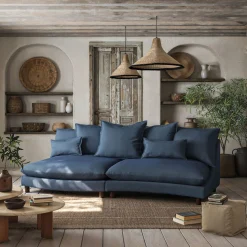 Canapé convertible 5 places avec pieds arrondis en tissu nature - bleu