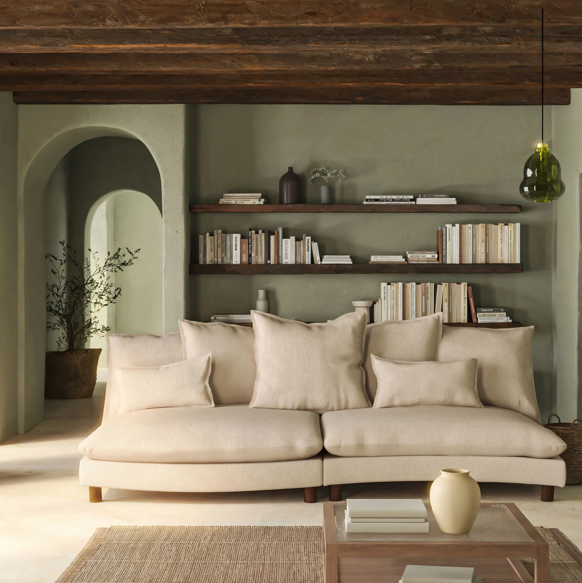 Canapé convertible 5 places avec pieds arrondis en tissu nature - blanc écru