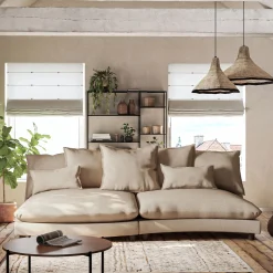 Canapé convertible 5 places avec pieds arrondis en tissu nature - beige