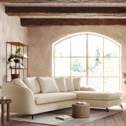 Canapé d'angle droit convertible en tissu tramé doux - blanc écru