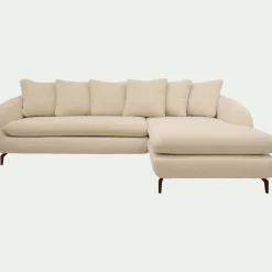 Canapé d'angle droit convertible en tissu tramé doux - blanc écru