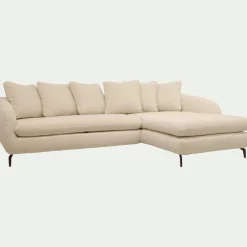 Canapé d'angle droit convertible en tissu tramé doux - blanc écru