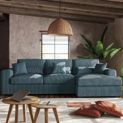 Canapé d'angle droit fixe en velours côtelé - bleu