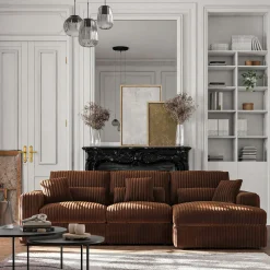 Canapé d'angle droit fixe en tissu côtelé bita - brun rustrel