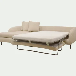 Canapé d'angle gauche convertible en tissu doux tramé - blanc écru