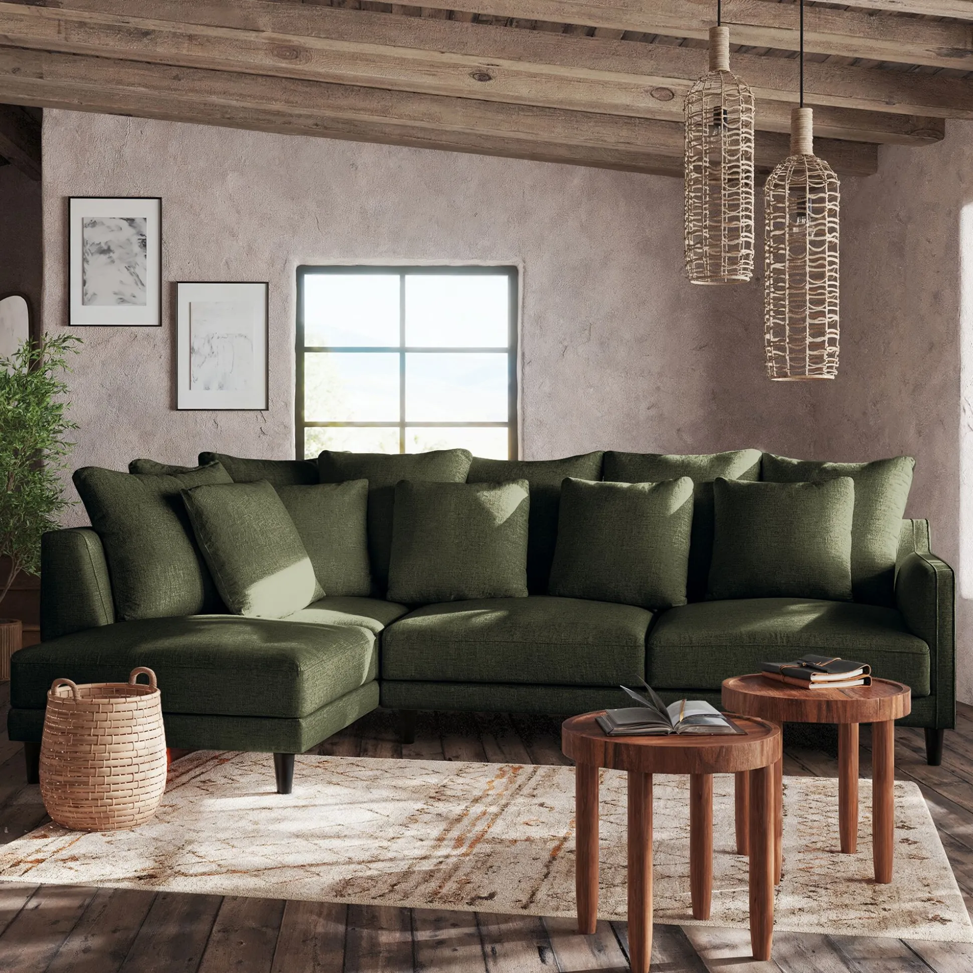 Canapé d'angle gauche convertible en tissu joint - vert cèdre