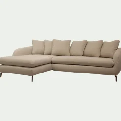 Canapé d'angle gauche convertible en tissu doux tramé - beige