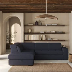 Canapé d'angle gauche convertible avec coffre en tissu doux - bleu calabrun