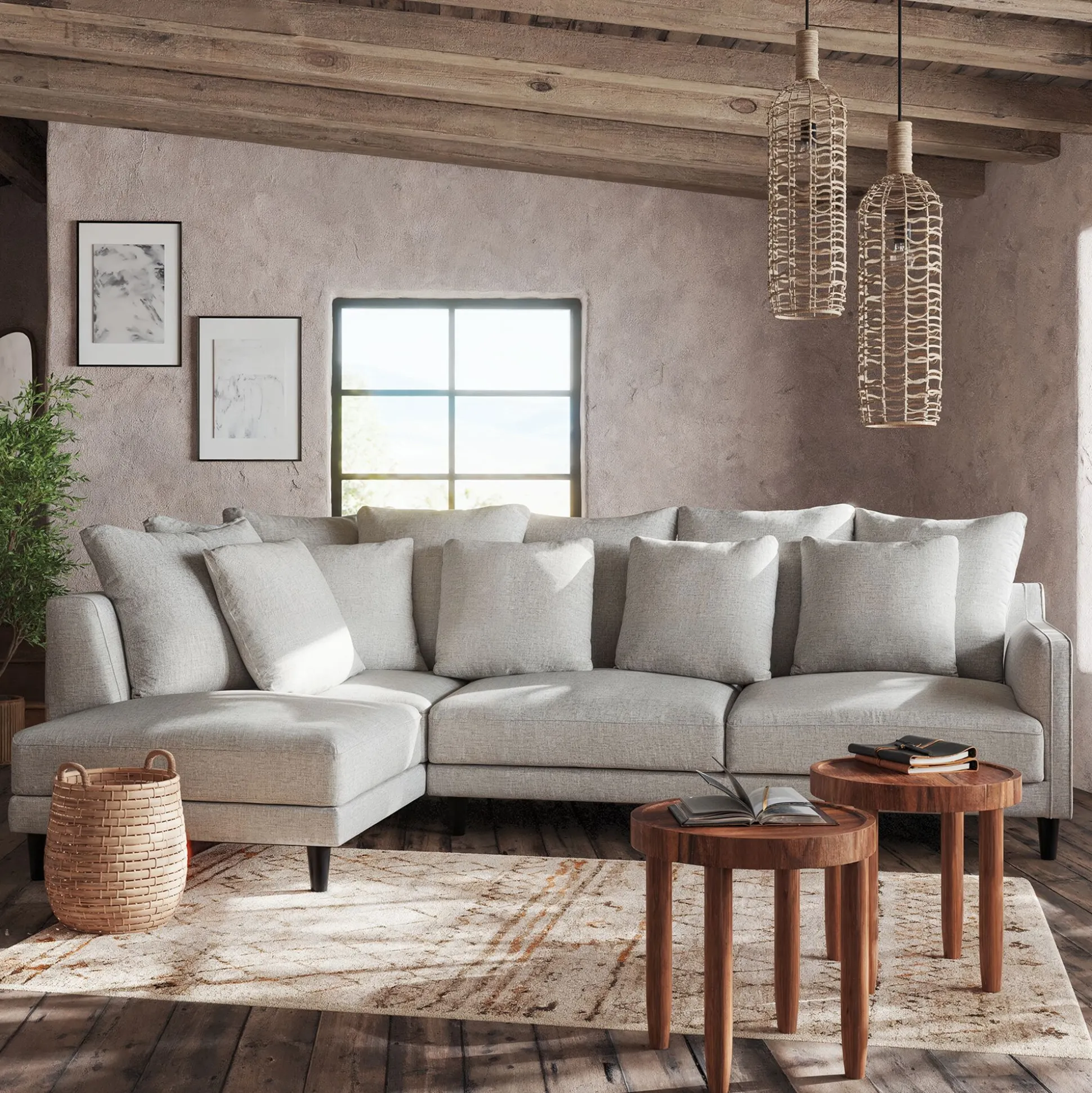 Canapé d'angle gauche fixe en tissu joint - gris borie