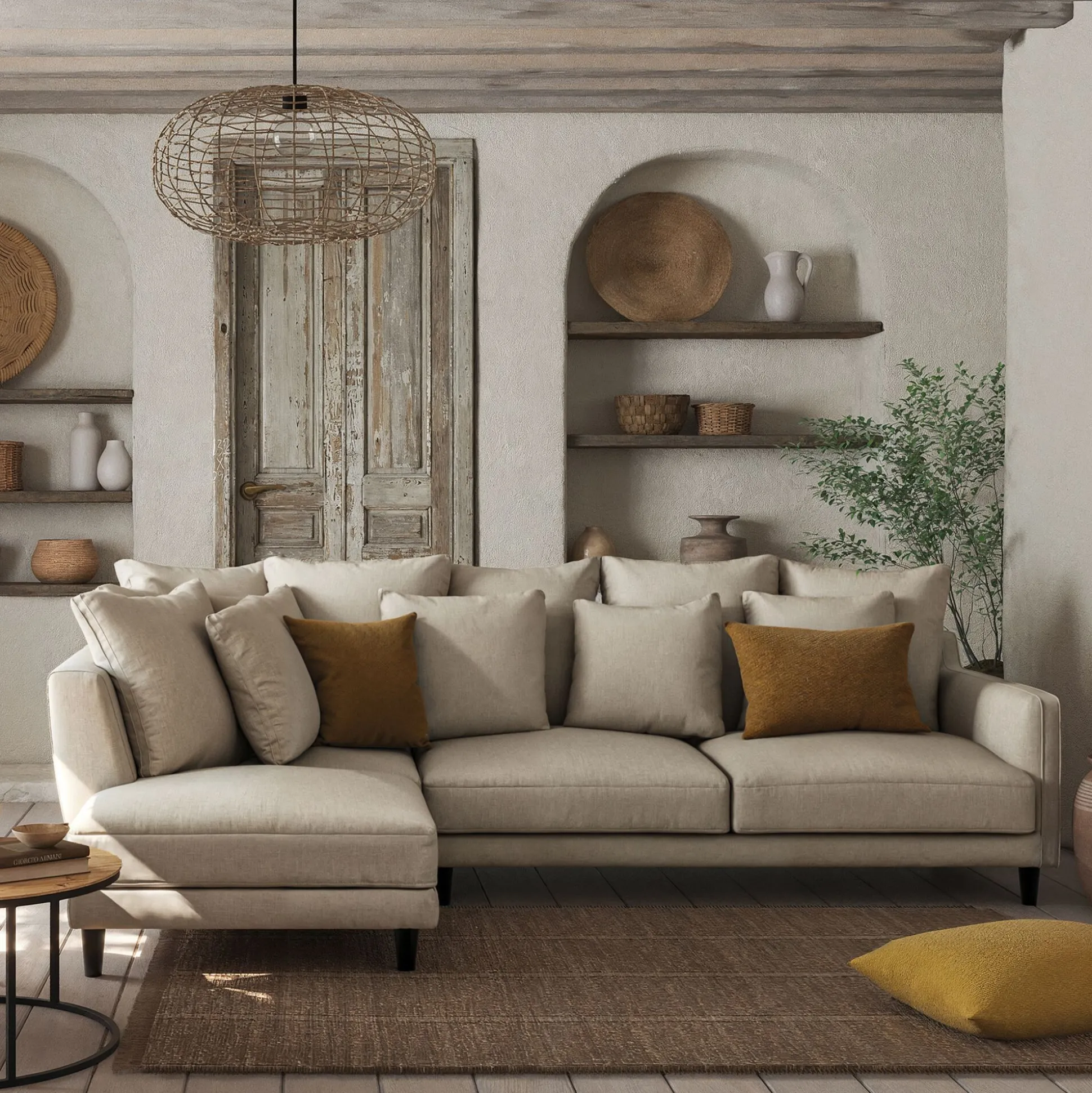 Canapé d'angle gauche fixe en tissu mixte - beige alpilles