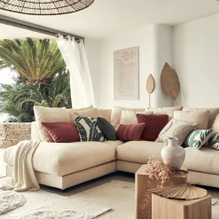 Canapé d'angle gauche fixe en tissu joint - beige roucas