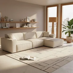 Canapé grand angle droit fixe en tissu tramé - beige