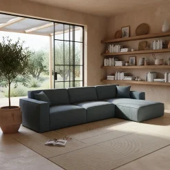 Canapé grand angle droit fixe en tissu tramé - bleu