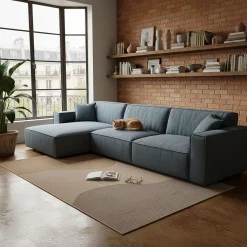 Canapé grand angle gauche fixe en tissu tramé - bleu