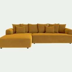 Canapé grand angle gauche fixe en tissu velours - vert sauge