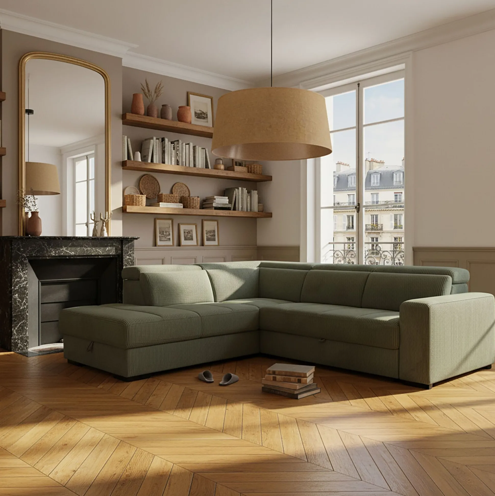 Canapé grand angle gauche convertible en tissu Castello - vert cèdre