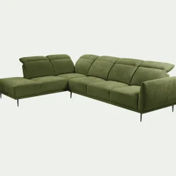 Canapé grand d'angle gauche en tissu memphis avec fonction avance-recul - vert cèdre