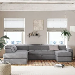 Canapé panoramique convertible avec méridienne droite en tissu doux - gris