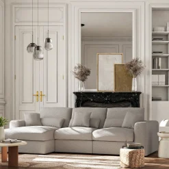 Canapé petit angle gauche fixe en tissu bouclette - blanc écru